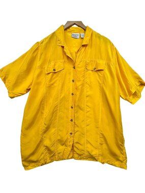 Venezia Women's Silk Button Down Shirt Short Sleeve Size 18/20 Yellow Pockets